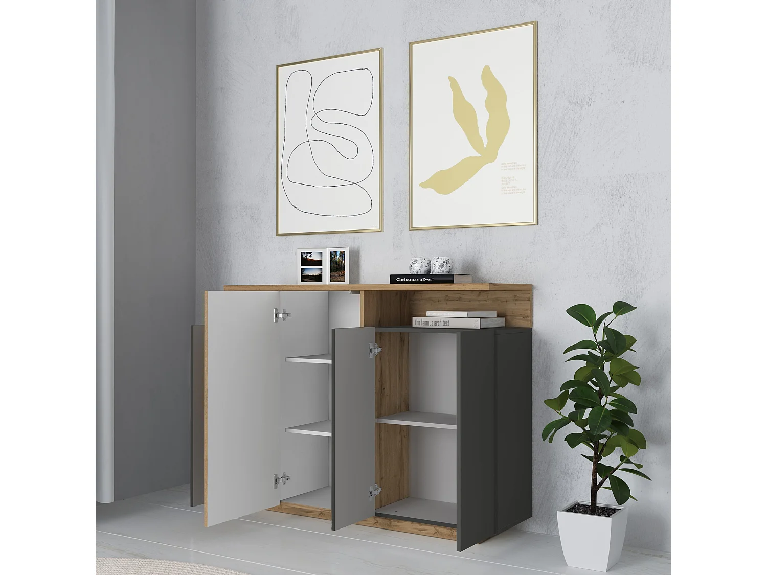 Buffet Ethos de rangement avec 4 portes 2 niches anthracite/chêne foncé 130x40,2x100 cm