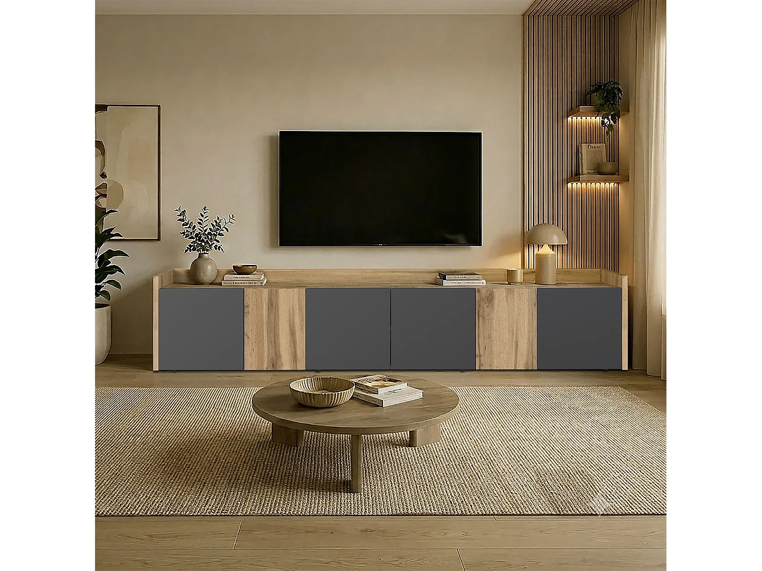 Mueble de salón TV Altea con 6 puertas y 1 estante antracita/roble oscuro 220x40x40 cm