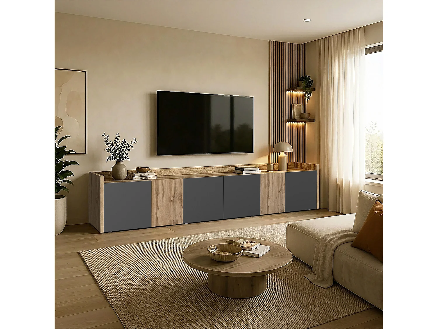 Mueble de salón TV Altea con 6 puertas y 1 estante antracita/roble oscuro 220x40x40 cm