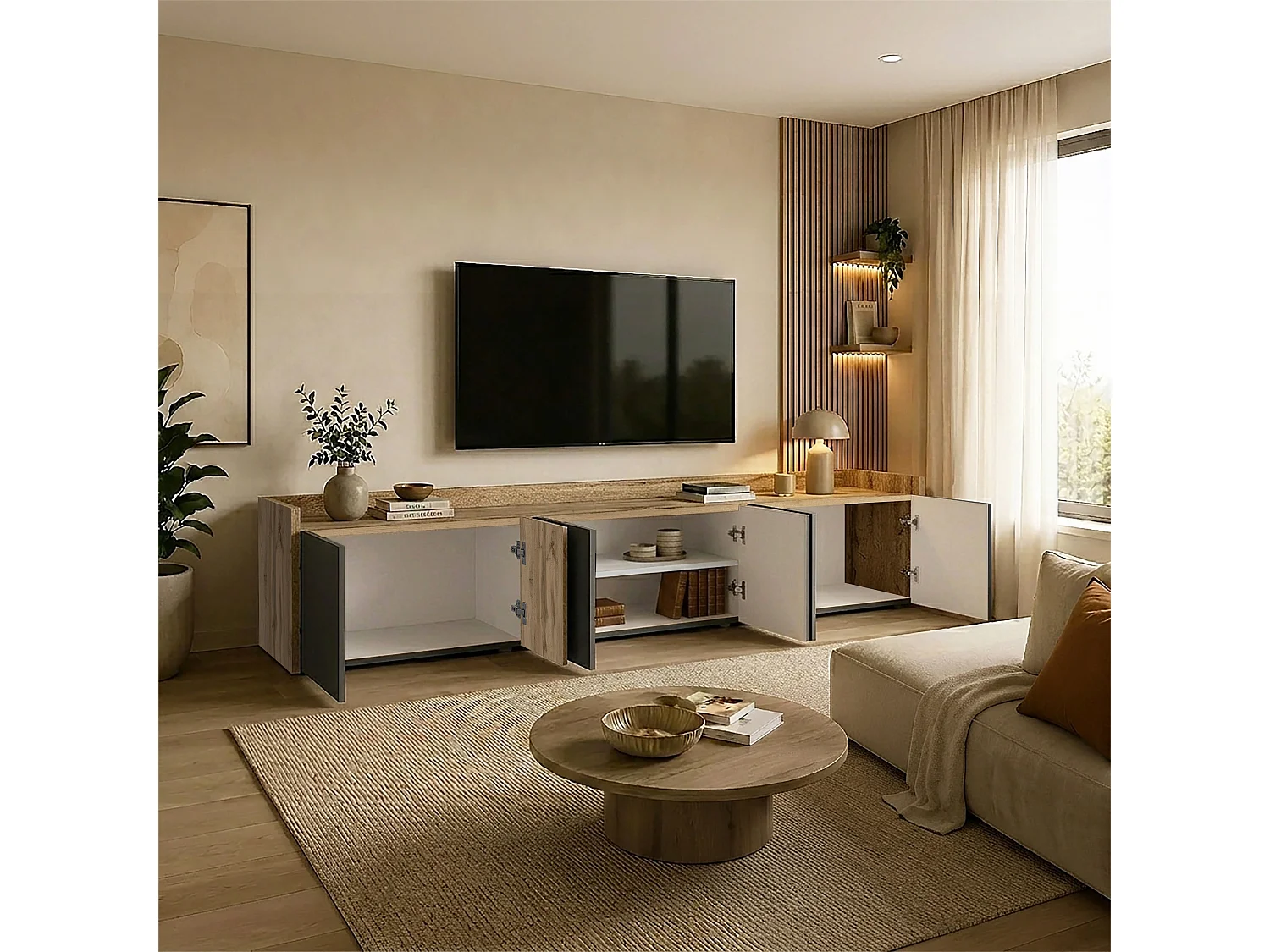Mueble de salón TV Altea con 6 puertas y 1 estante antracita/roble oscuro 220x40x40 cm