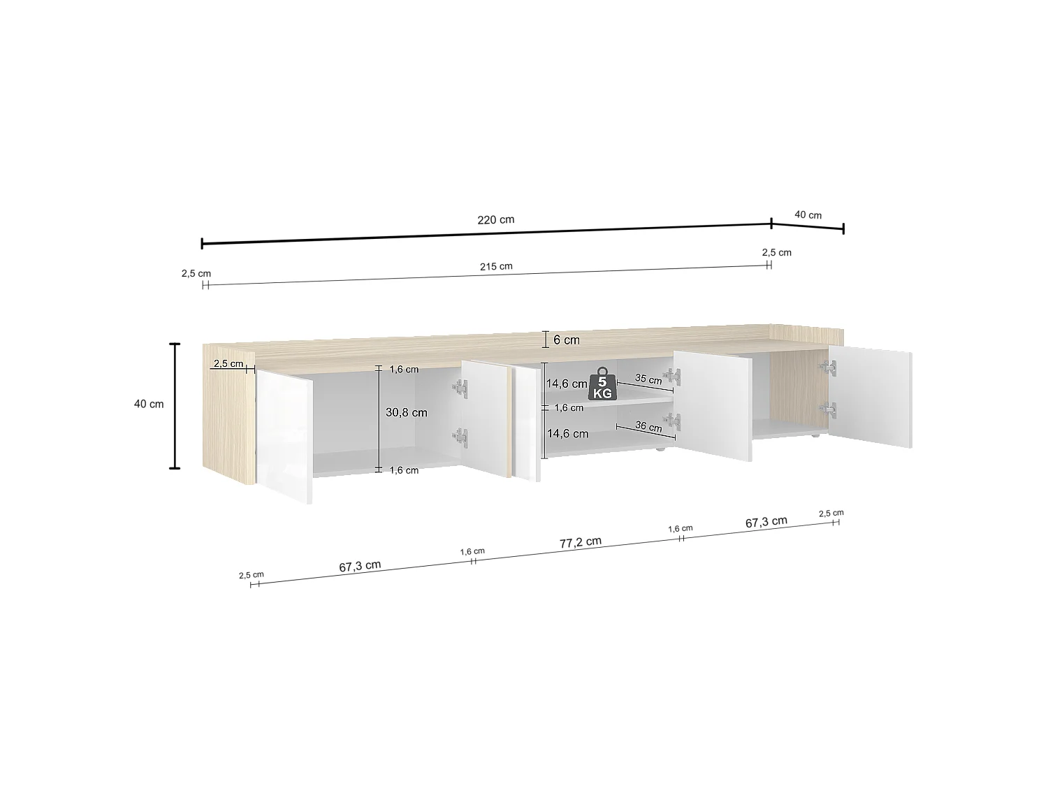 Mueble de salón TV Altea con 6 puertas y 1 estante antracita/roble oscuro 220x40x40 cm