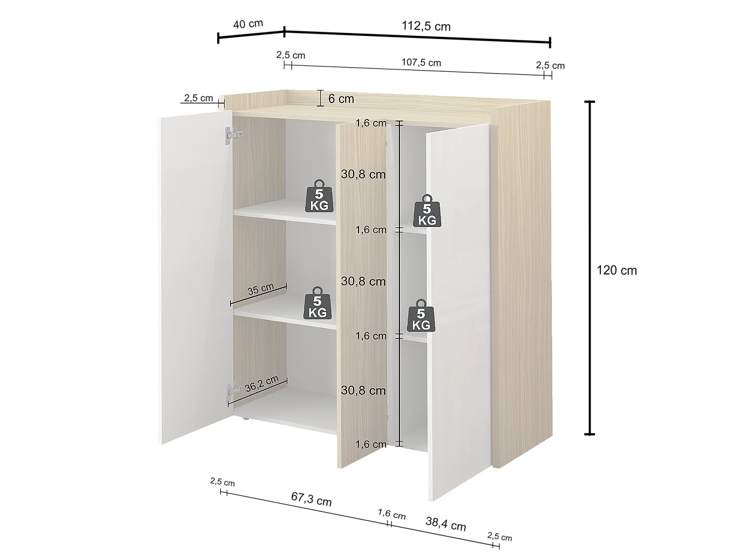 Aparador Altea de salón con 3 puertas cachemira/roble claro 112,5x40x120 cm