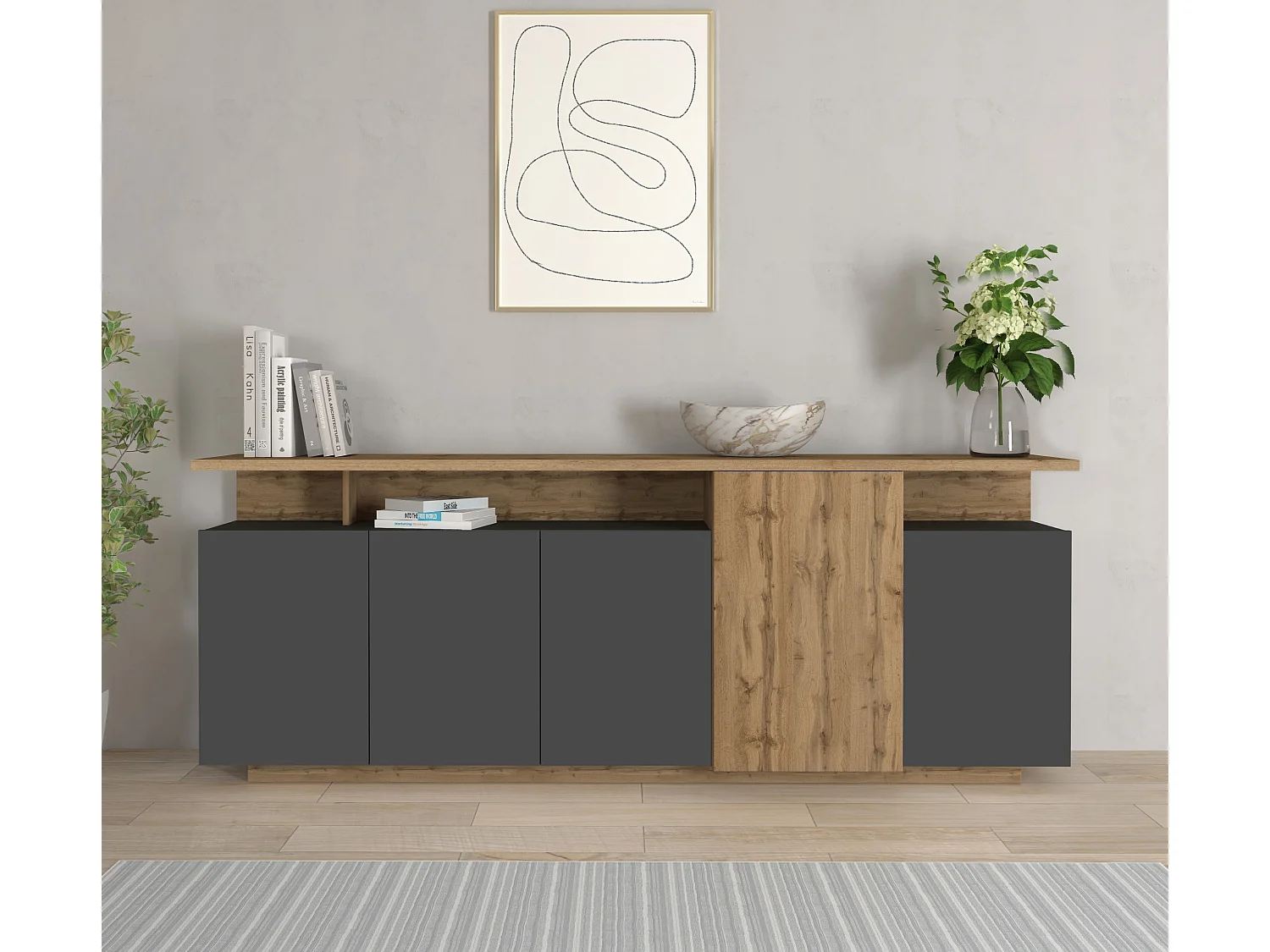 Aparador grande Ethos de salón 5 puertas 3 nichos antracita/roble oscuro 210x40,2x80 cm
