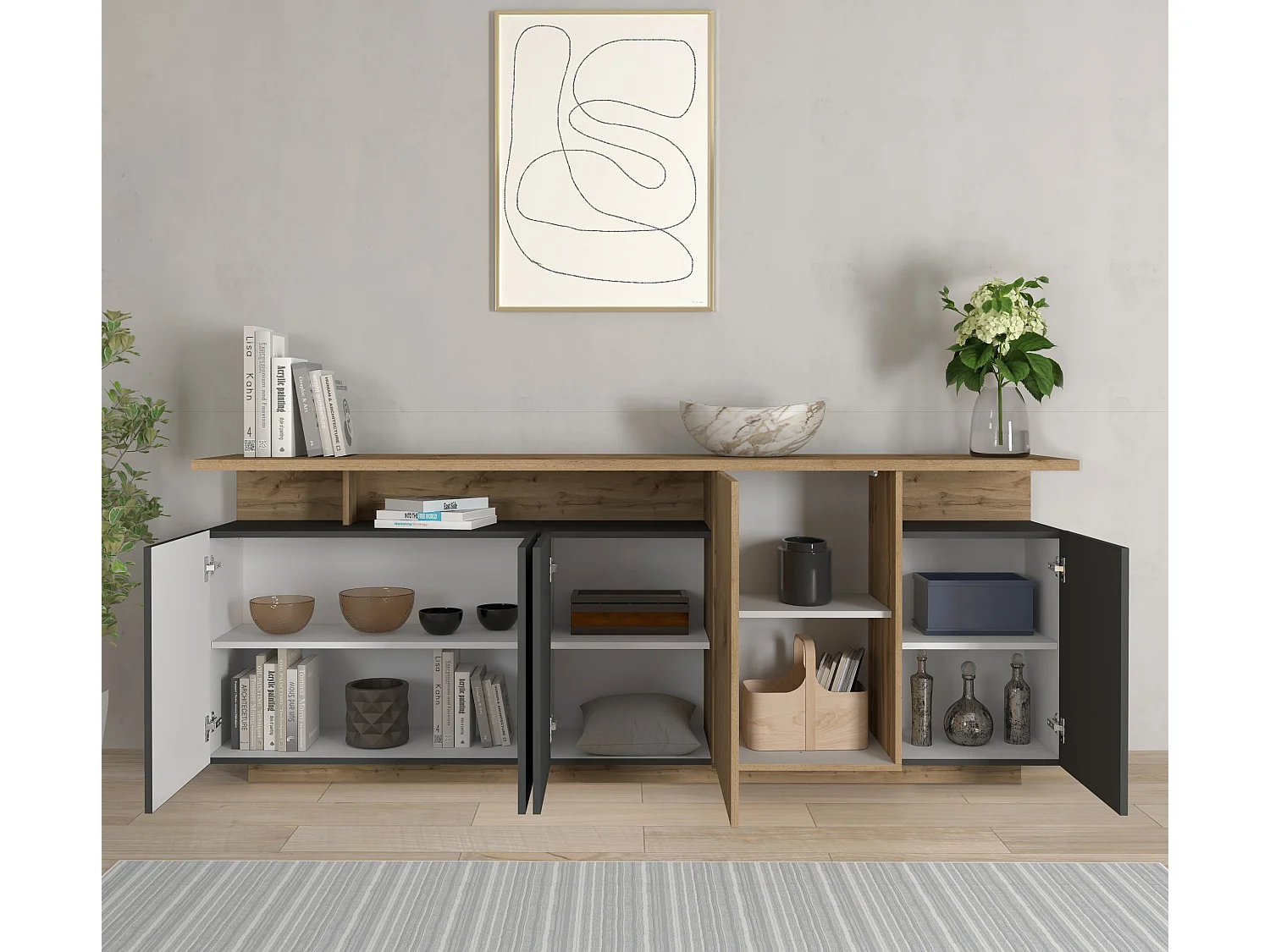 Aparador grande Ethos de salón 5 puertas 3 nichos antracita/roble oscuro 210x40,2x80 cm