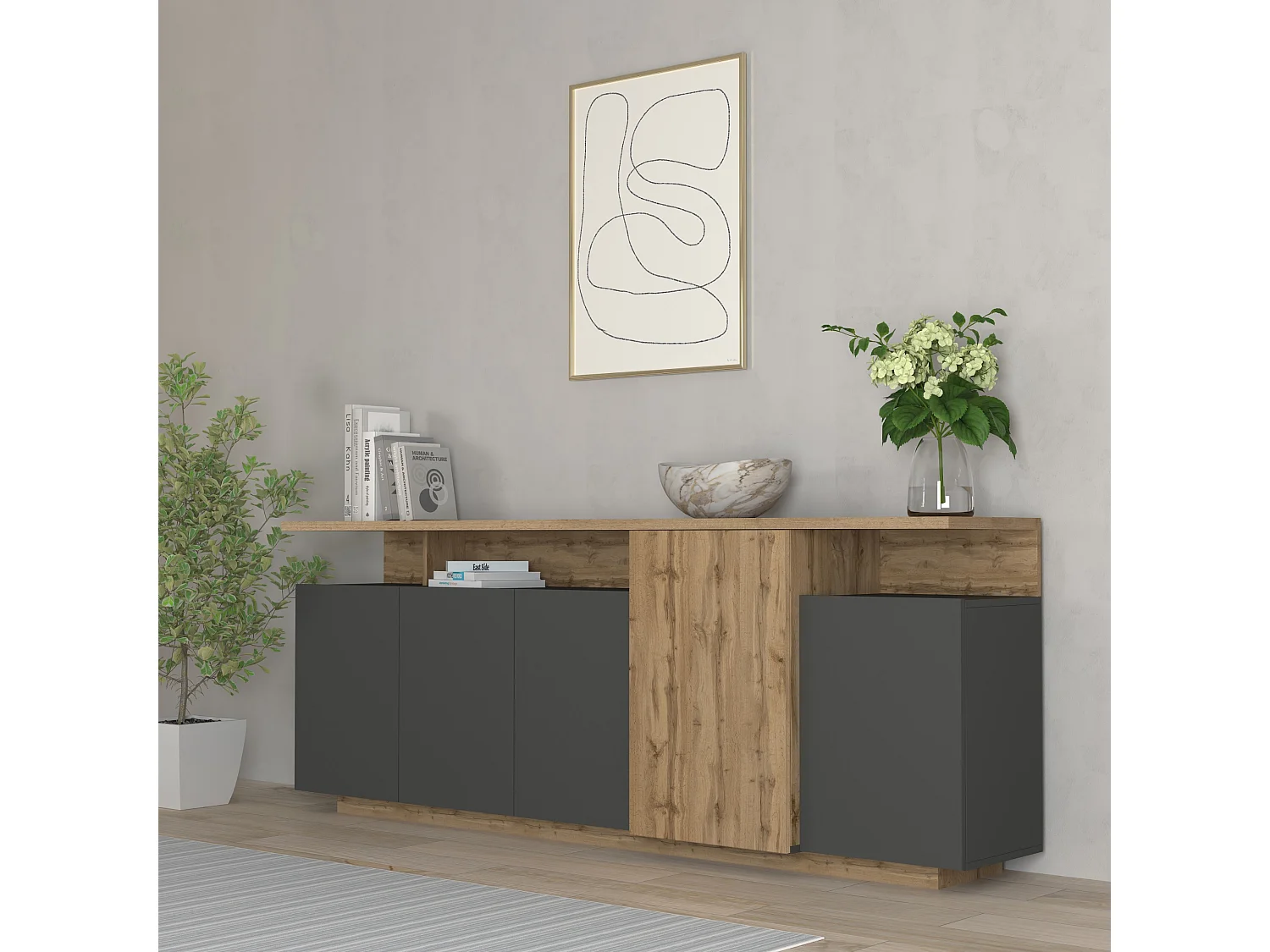 Aparador grande Ethos de salón 5 puertas 3 nichos antracita/roble oscuro 210x40,2x80 cm
