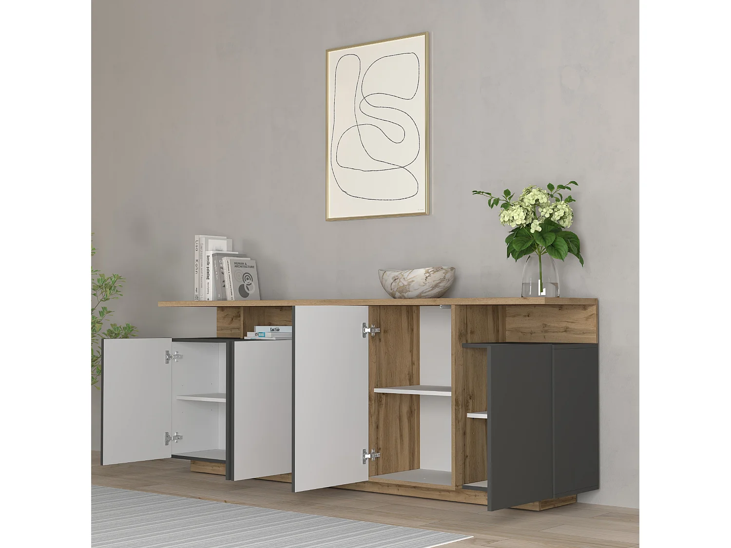 Aparador grande Ethos de salón 5 puertas 3 nichos antracita/roble oscuro 210x40,2x80 cm
