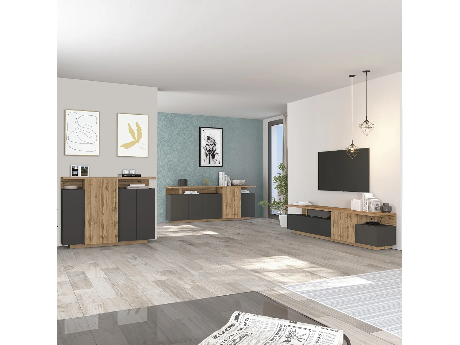 Aparador grande Ethos de salón 5 puertas 3 nichos antracita/roble oscuro 210x40,2x80 cm
