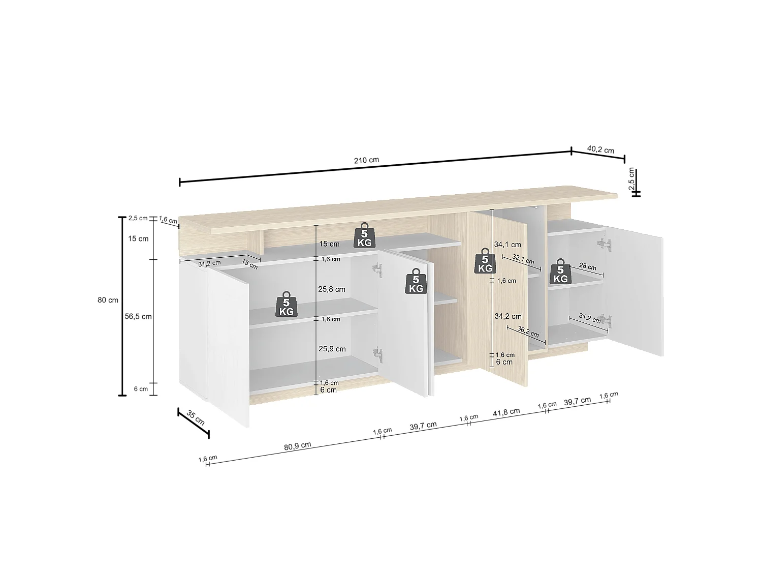 Aparador grande Ethos de salón 5 puertas 3 nichos antracita/roble oscuro 210x40,2x80 cm