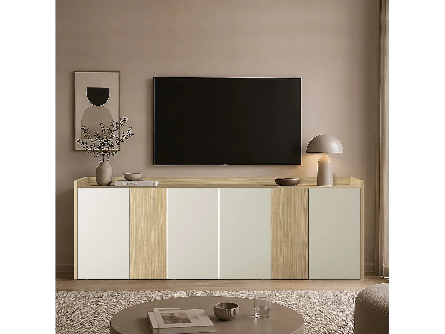 Credenza Altea con 6 ante e 1 ripiano bordato cashmere/rovere chiaro 220x40x75 cm