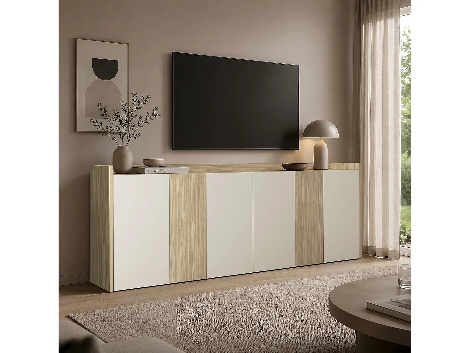 Credenza Altea con 6 ante e 1 ripiano bordato cashmere/rovere chiaro 220x40x75 cm