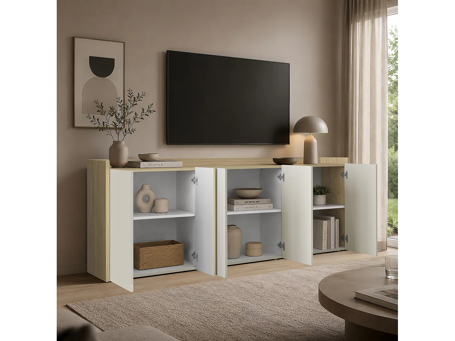 Credenza Altea con 6 ante e 1 ripiano bordato cashmere/rovere chiaro 220x40x75 cm