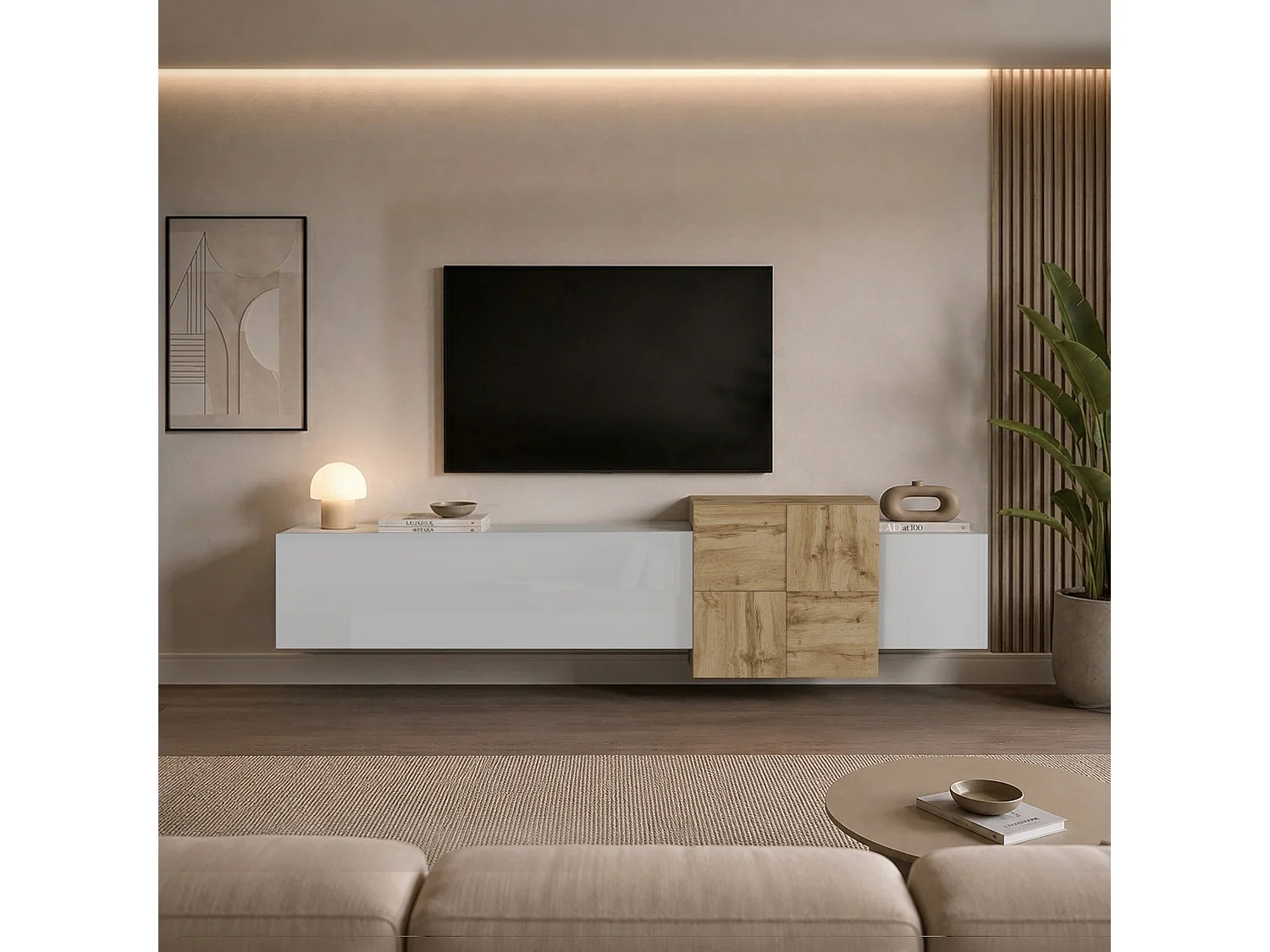 Meuble TV Nexos à poser ou suspendu avec 3 portes blanc brillant/chêne 210x40x50 cm