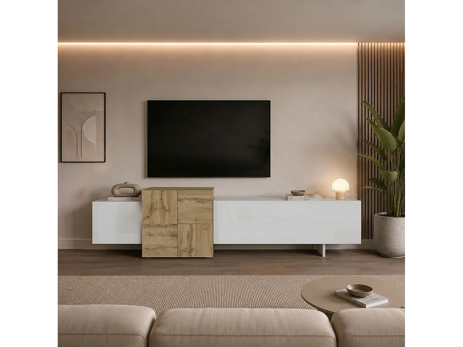 Meuble TV Nexos à poser ou suspendu avec 3 portes blanc brillant/chêne 210x40x50 cm