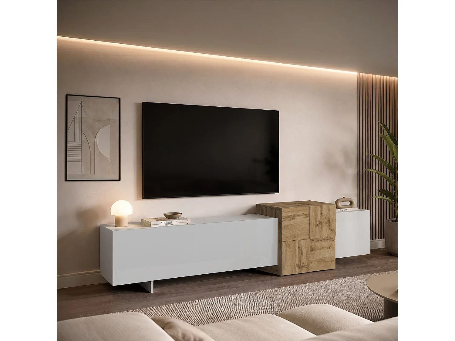 Meuble TV Nexos à poser ou suspendu avec 3 portes blanc brillant/chêne 210x40x50 cm