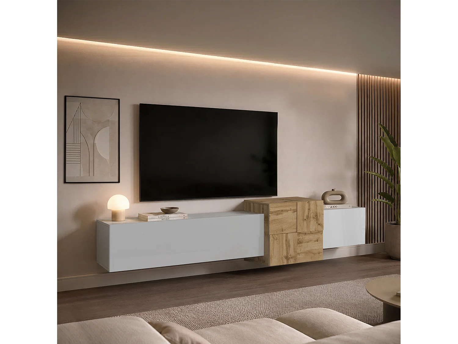 Meuble TV Nexos à poser ou suspendu avec 3 portes blanc brillant/chêne 210x40x50 cm