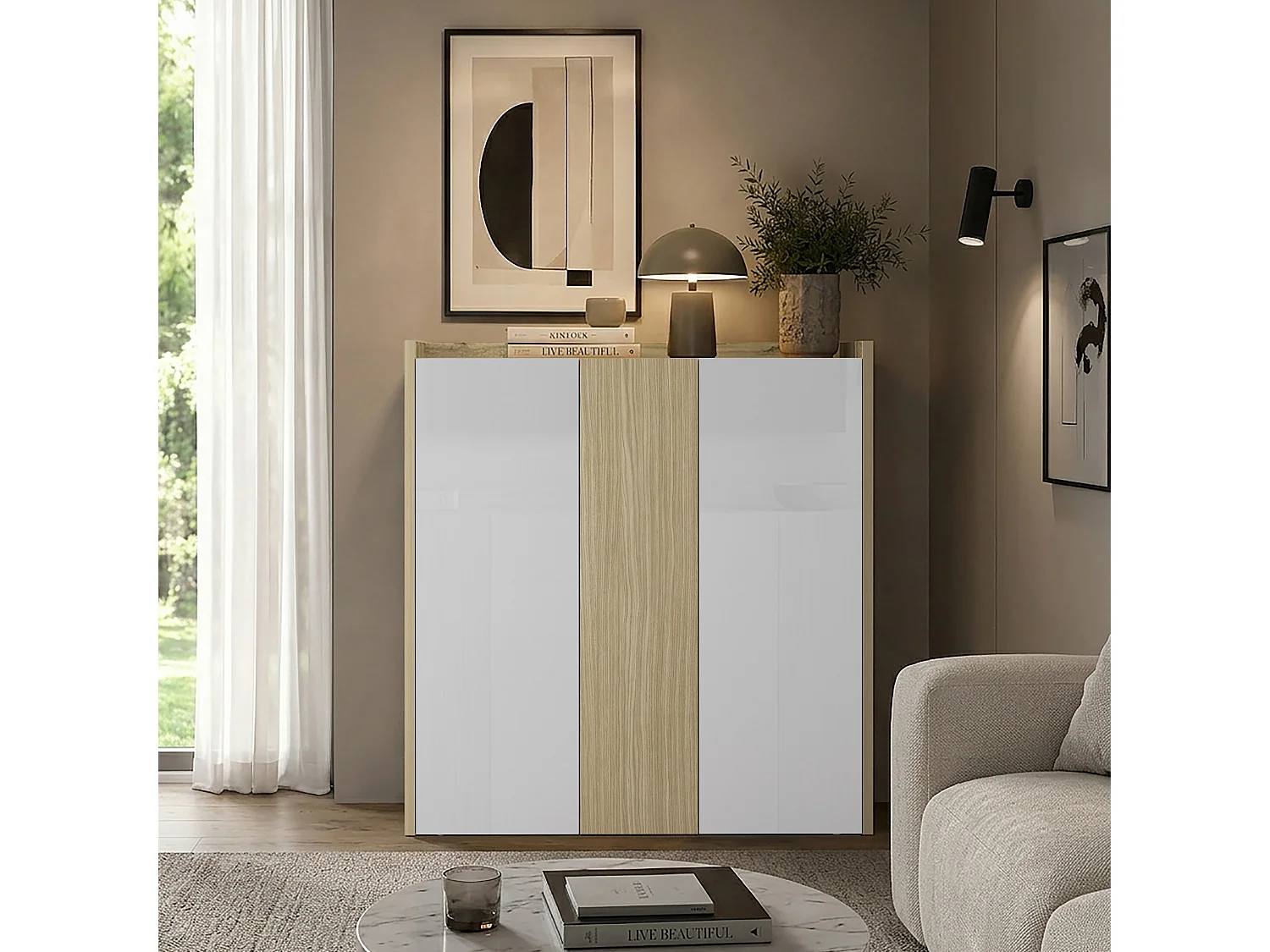 Aparador Altea de salón con 3 puertas blanco brillo/roble 112,5x40x120 cm