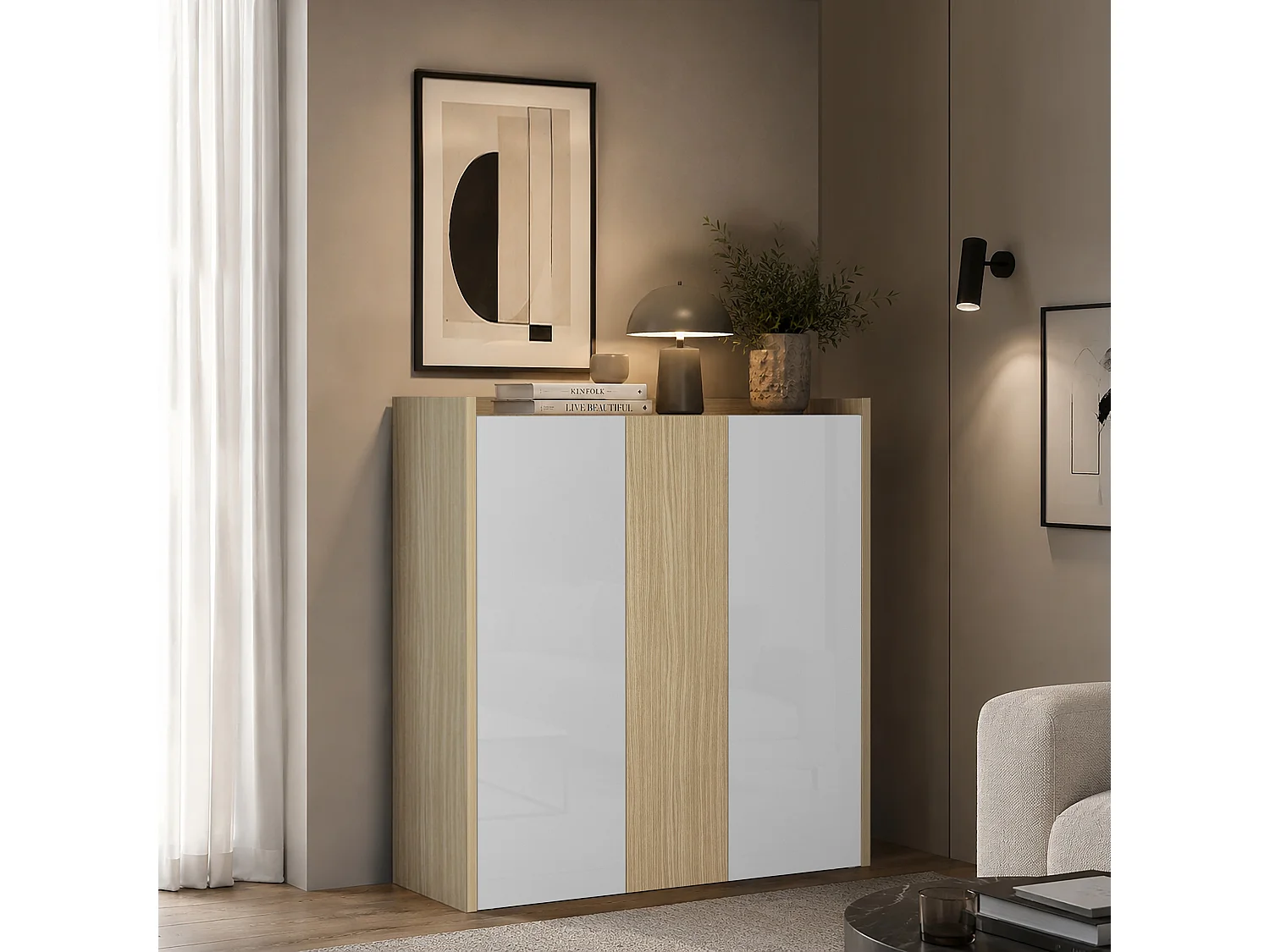 Aparador Altea de salón con 3 puertas blanco brillo/roble 112,5x40x120 cm