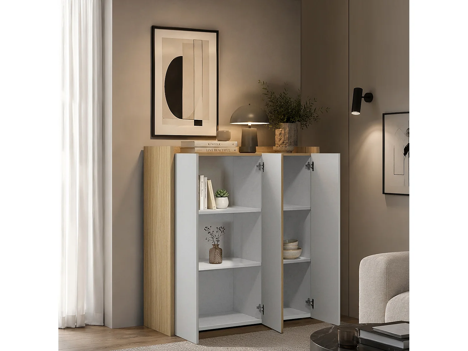 Aparador Altea de salón con 3 puertas blanco brillo/roble 112,5x40x120 cm