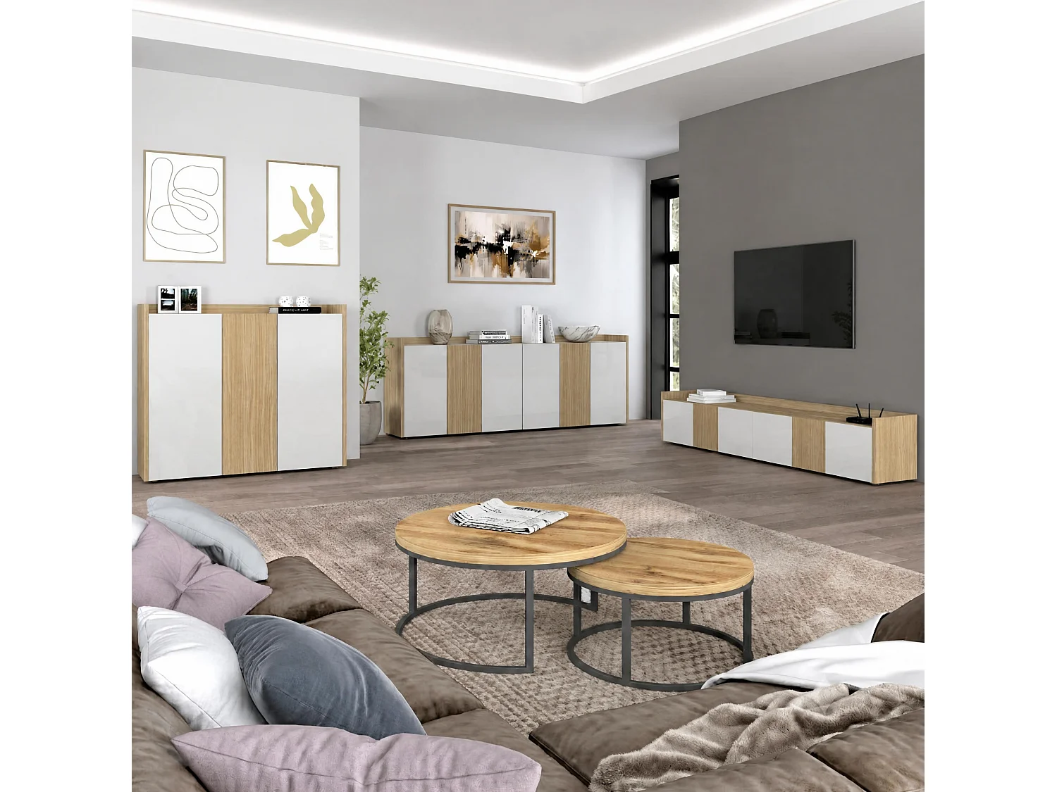 Aparador Altea de salón con 3 puertas blanco brillo/roble 112,5x40x120 cm