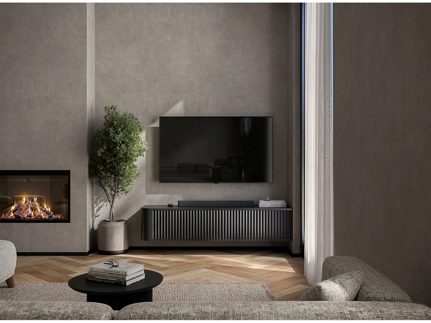 Wisząca szafka RTV 2-drzwiowa, fronty z reliefem, czarny mat, 140 cm - AURORA