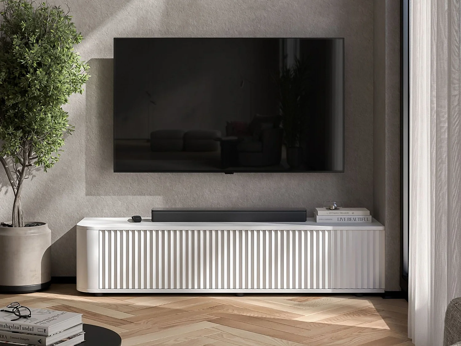 Meuble TV 2 portes, façades en relief, blanc mat, 140 cm - AURORA