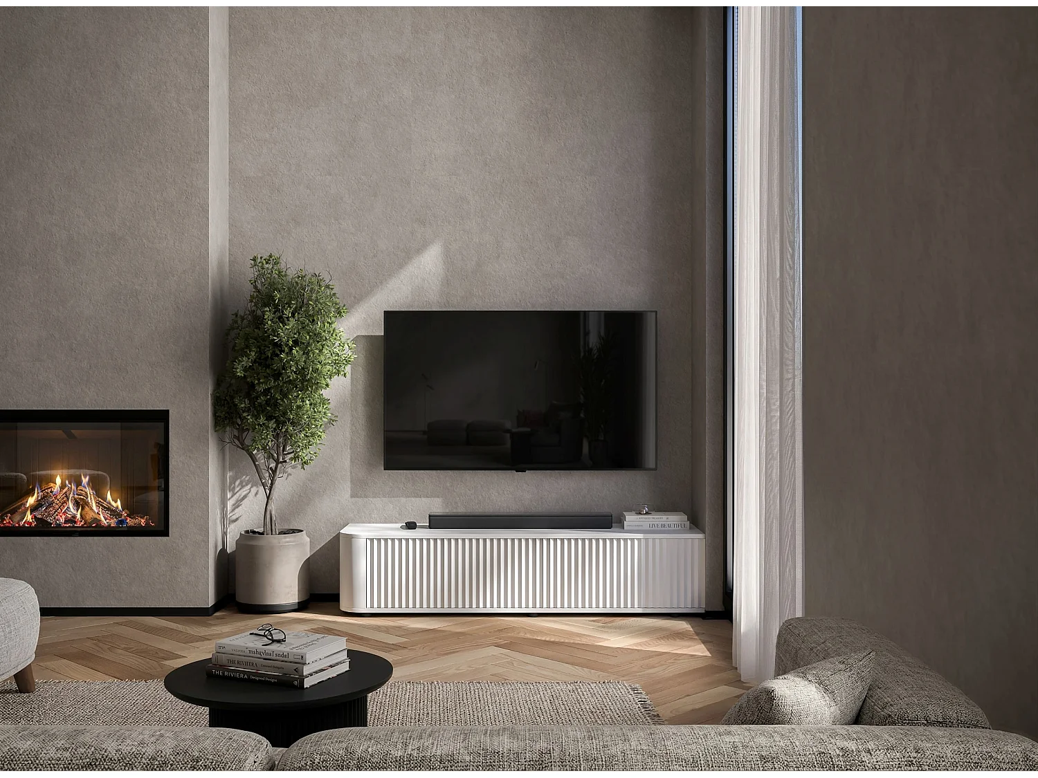 Meuble TV 2 portes, façades en relief, blanc mat, 140 cm - AURORA