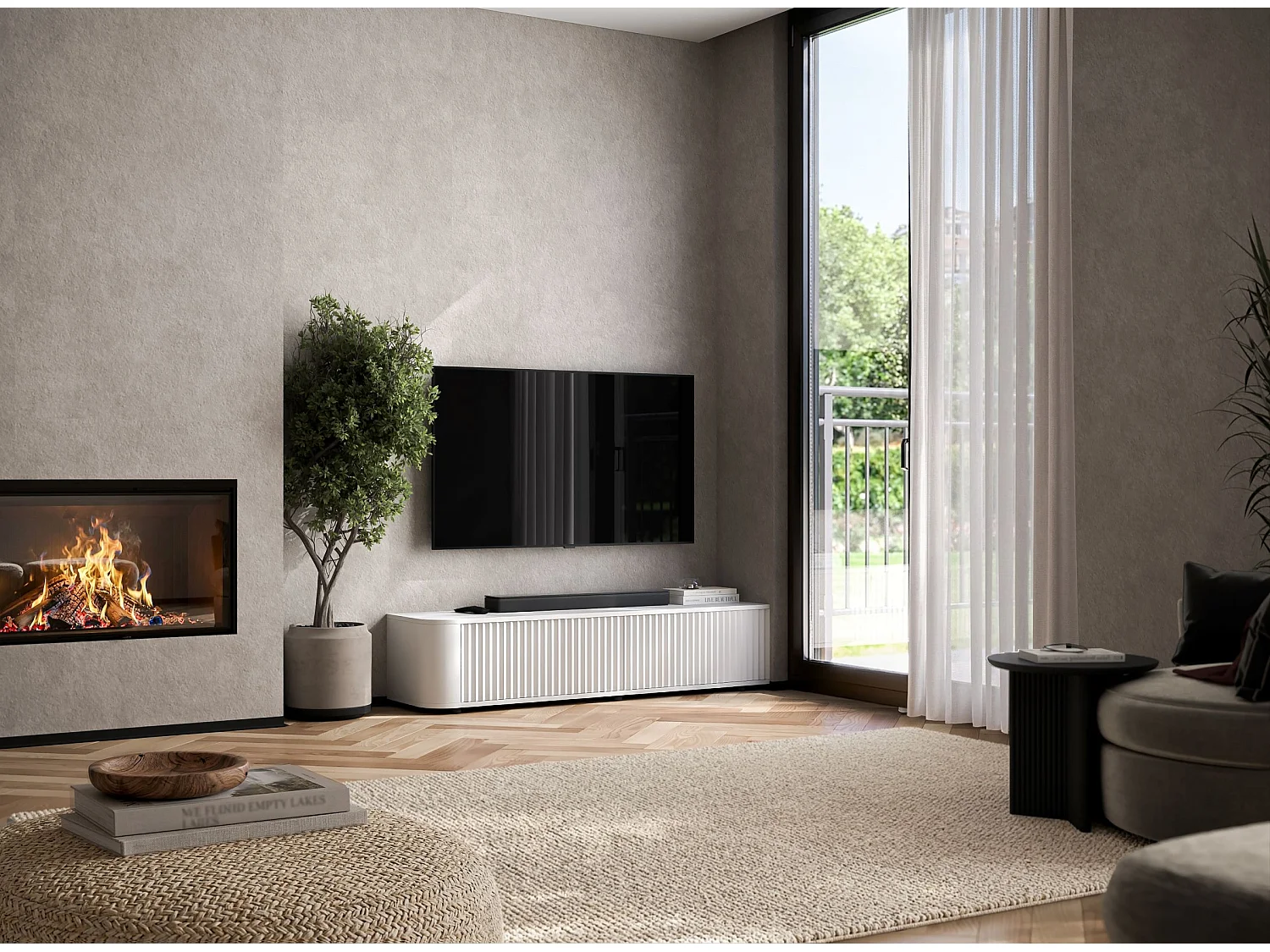 Meuble TV 2 portes, façades en relief, blanc mat, 140 cm - AURORA