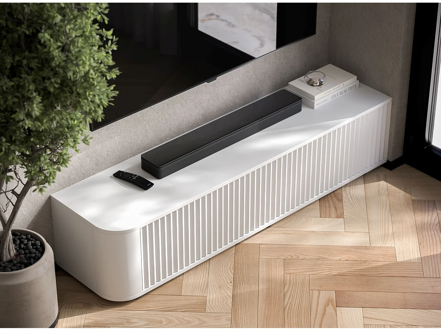 Meuble TV 2 portes, façades en relief, blanc mat, 140 cm - AURORA