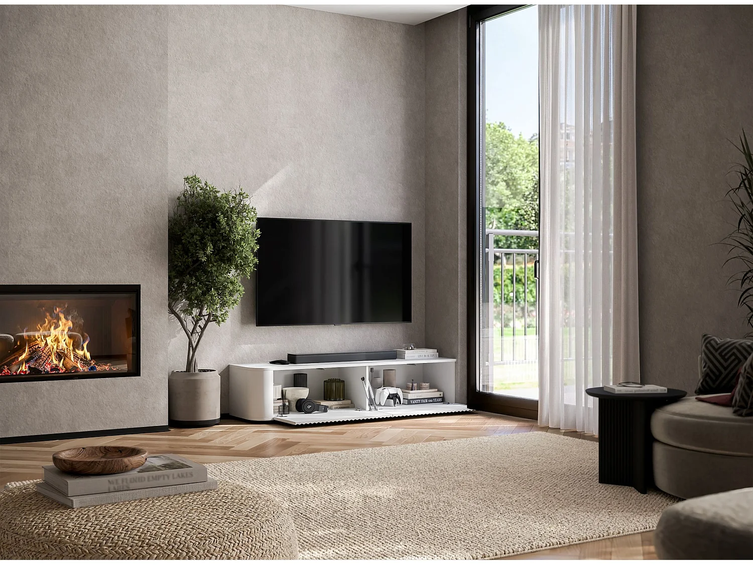 Meuble TV 2 portes, façades en relief, blanc mat, 140 cm - AURORA