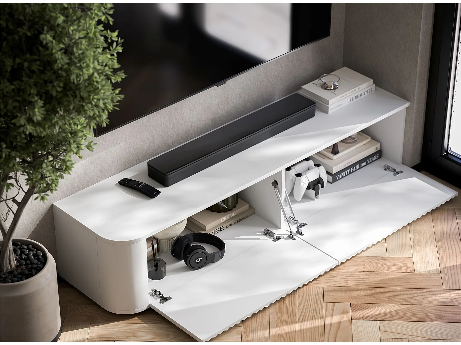 Meuble TV 2 portes, façades en relief, blanc mat, 140 cm - AURORA