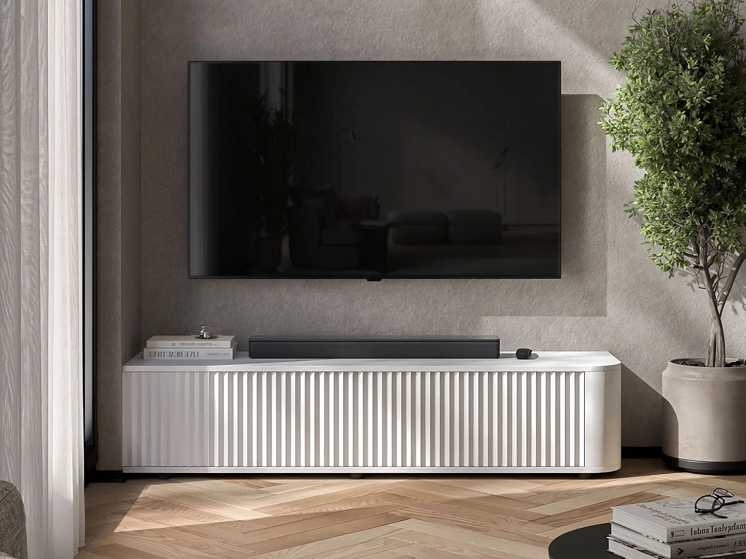 Meuble TV 2 portes, façades en relief, blanc mat, 140 cm - AURORA