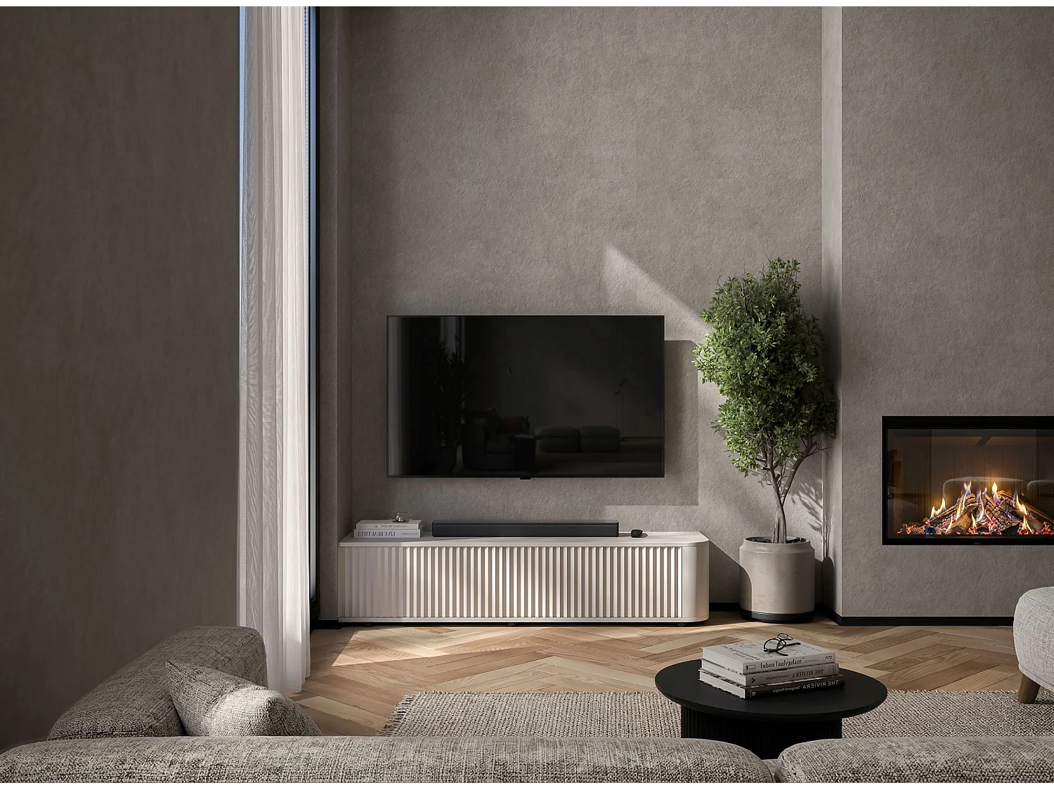 Mobile TV con 2 ante, frontali in rilievo, beige opaco, 140 cm - AURORA