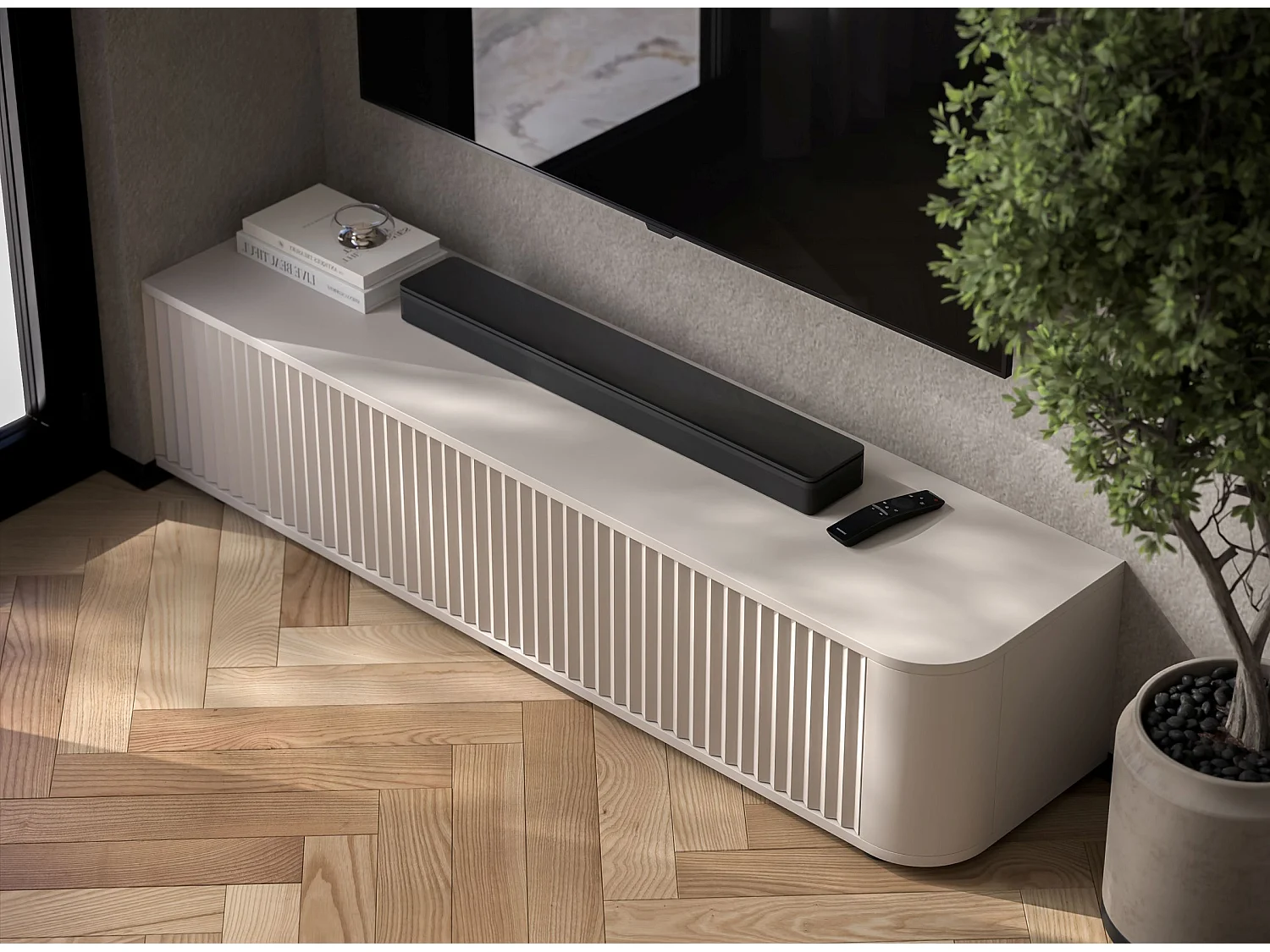 Mobile TV con 2 ante, frontali in rilievo, beige opaco, 140 cm - AURORA