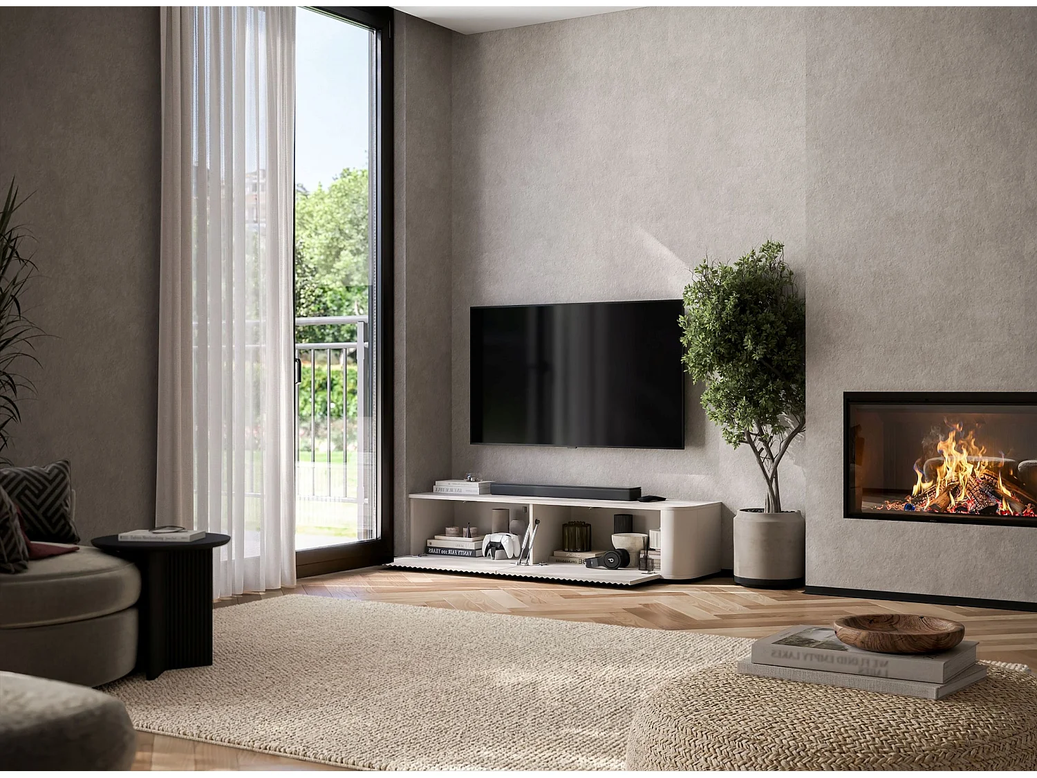 Mobile TV con 2 ante, frontali in rilievo, beige opaco, 140 cm - AURORA