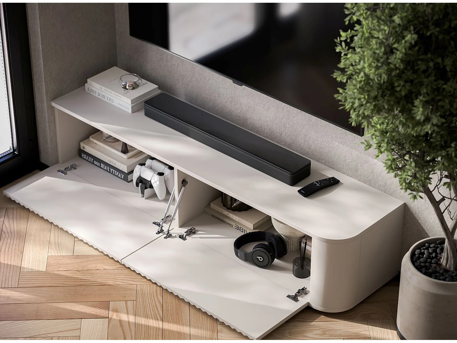 Mobile TV con 2 ante, frontali in rilievo, beige opaco, 140 cm - AURORA