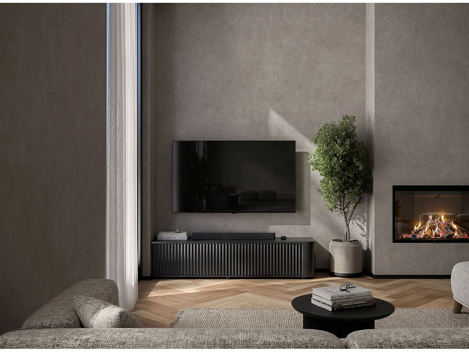 Mobile TV con 2 ante, frontali in rilievo, nero opaco, 140 cm - AURORA