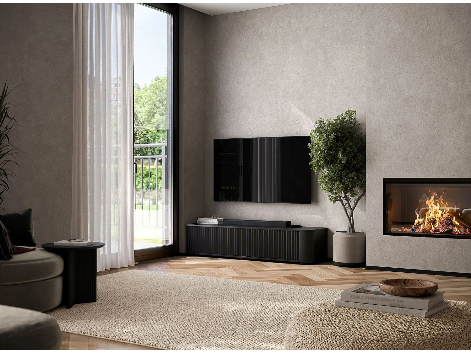 Mobile TV con 2 ante, frontali in rilievo, nero opaco, 140 cm - AURORA