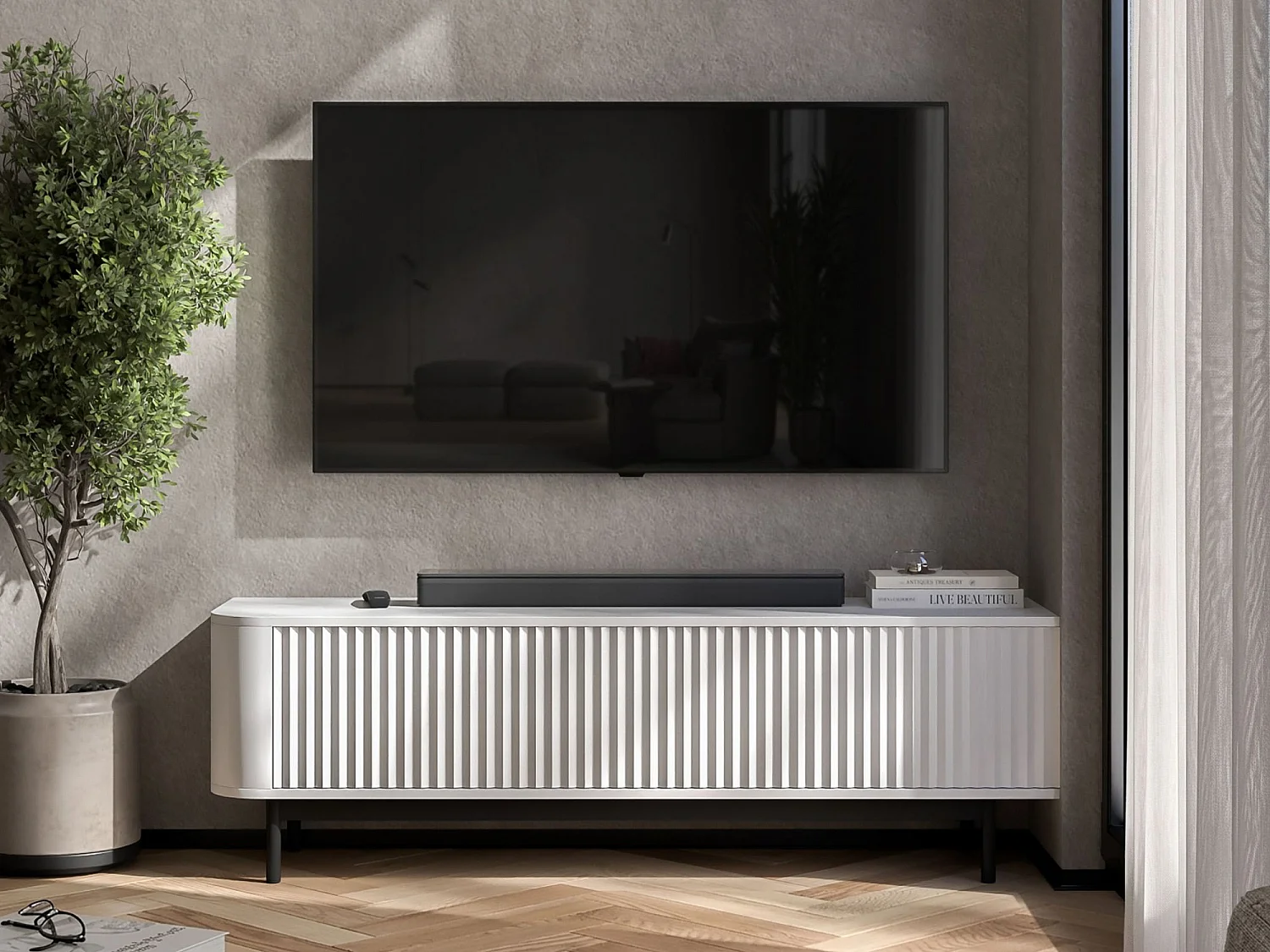 Meuble TV 2 portes, façades en relief, blanc mat, pieds métal noir, 140 cm - AURORA