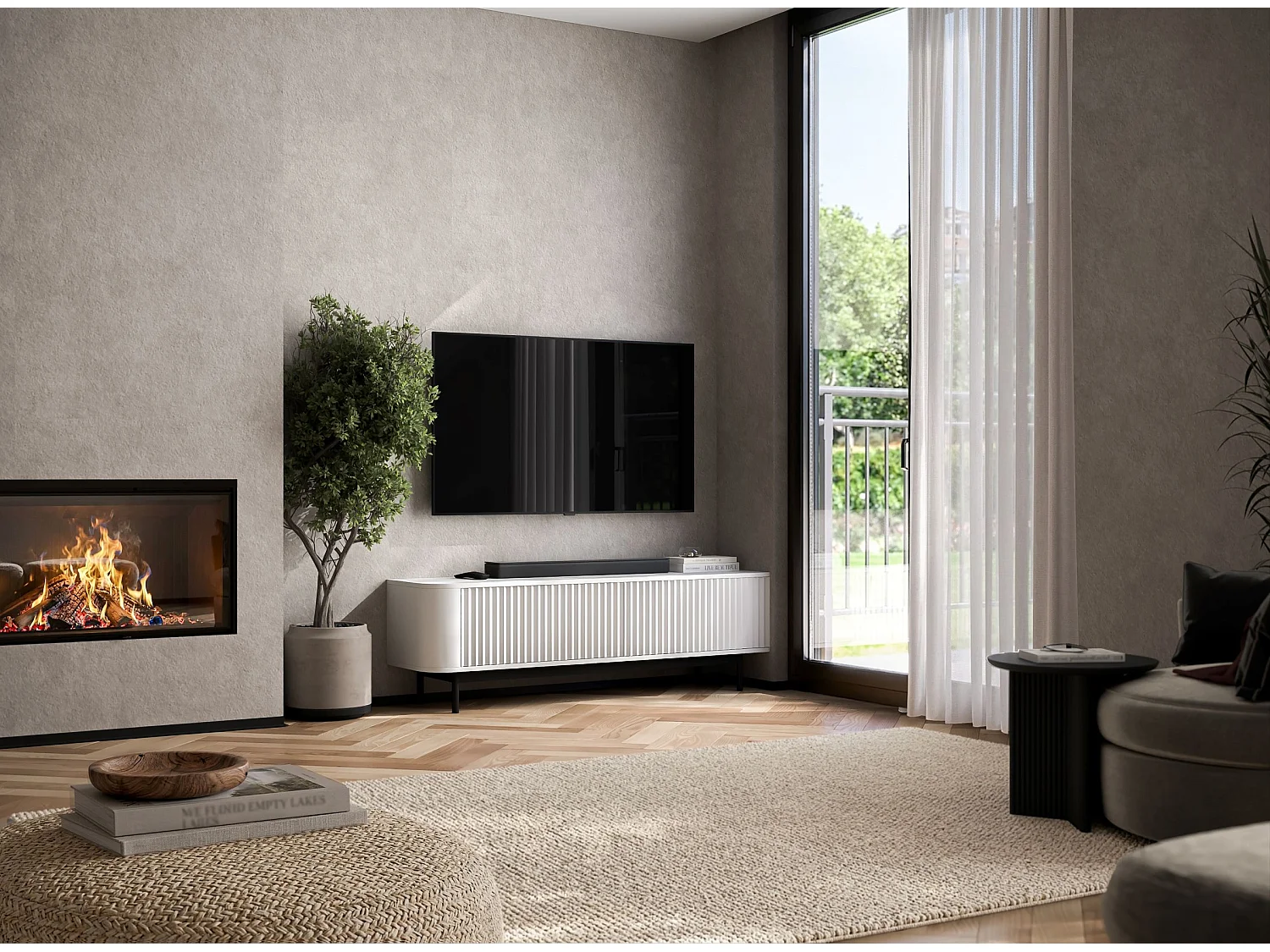 Meuble TV 2 portes, façades en relief, blanc mat, pieds métal noir, 140 cm - AURORA