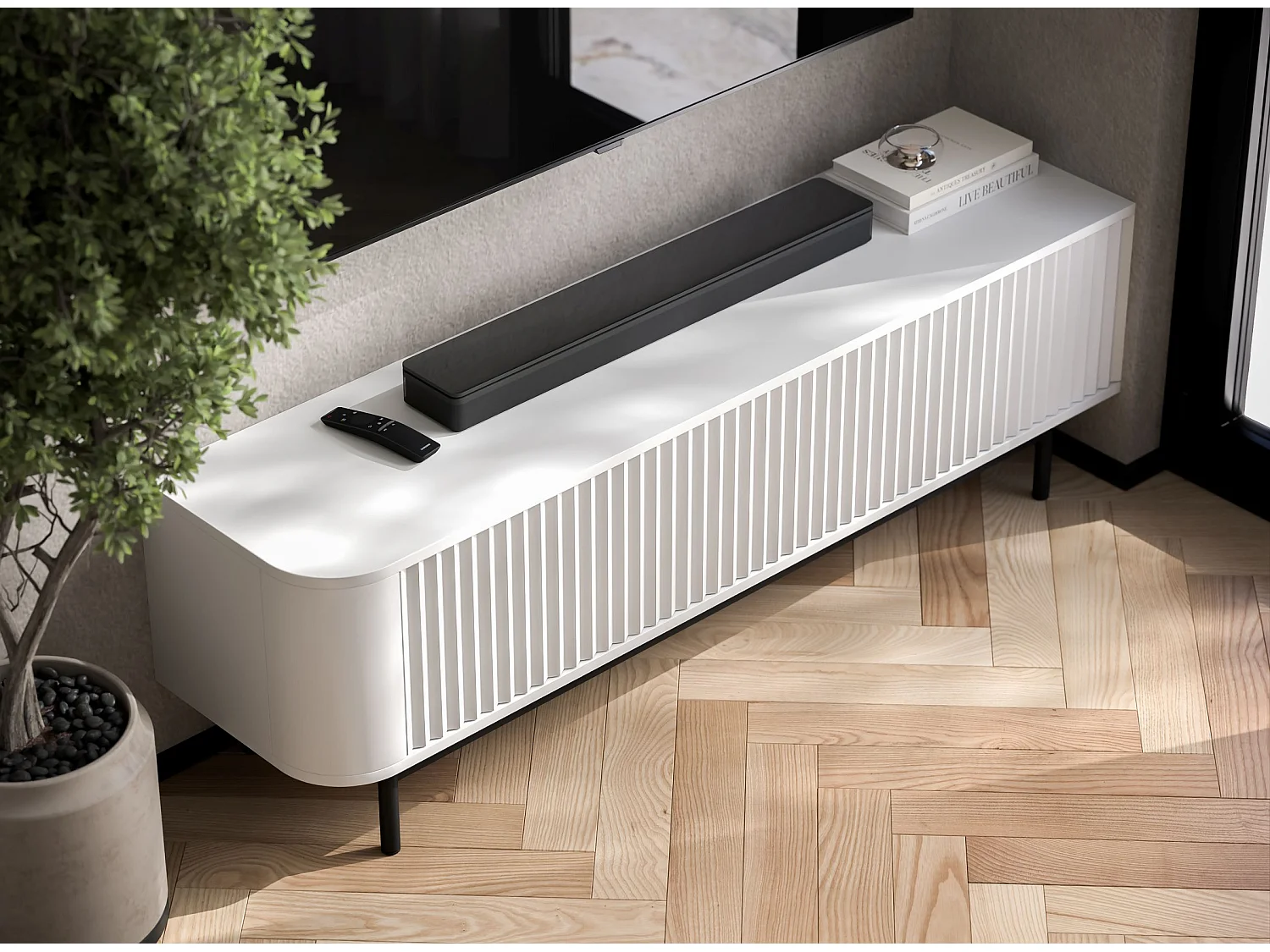 Meuble TV 2 portes, façades en relief, blanc mat, pieds métal noir, 140 cm - AURORA