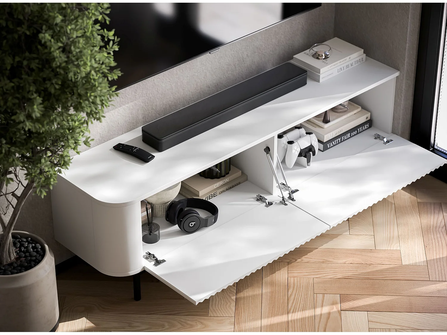 Meuble TV 2 portes, façades en relief, blanc mat, pieds métal noir, 140 cm - AURORA
