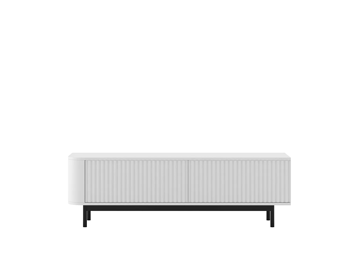 Meuble TV 2 portes, façades en relief, blanc mat, pieds métal noir, 140 cm - AURORA