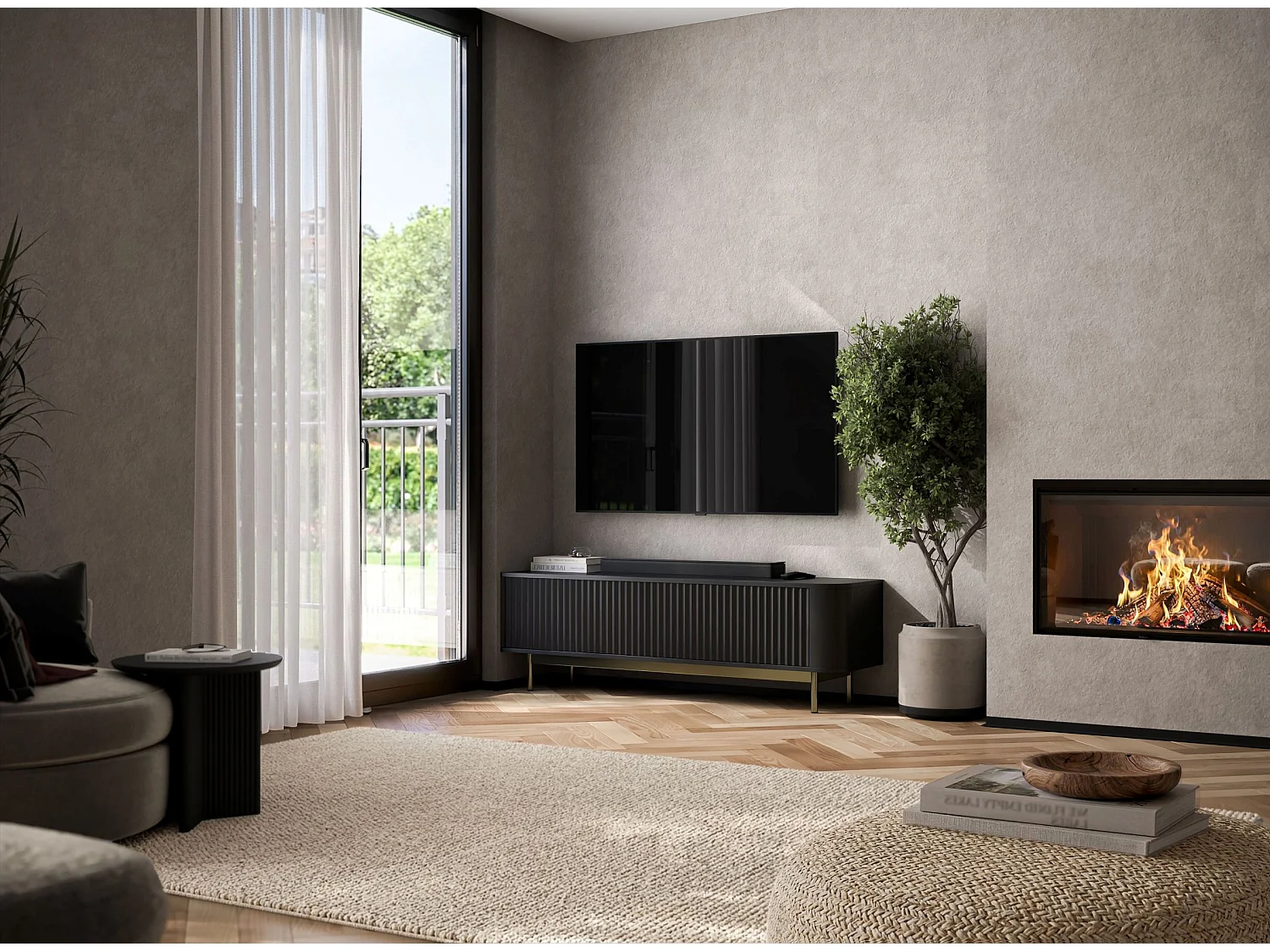 Mobile TV con 2 ante, frontali in rilievo, nero opaco, piedini in metallo dorato, 140 cm - AURORA