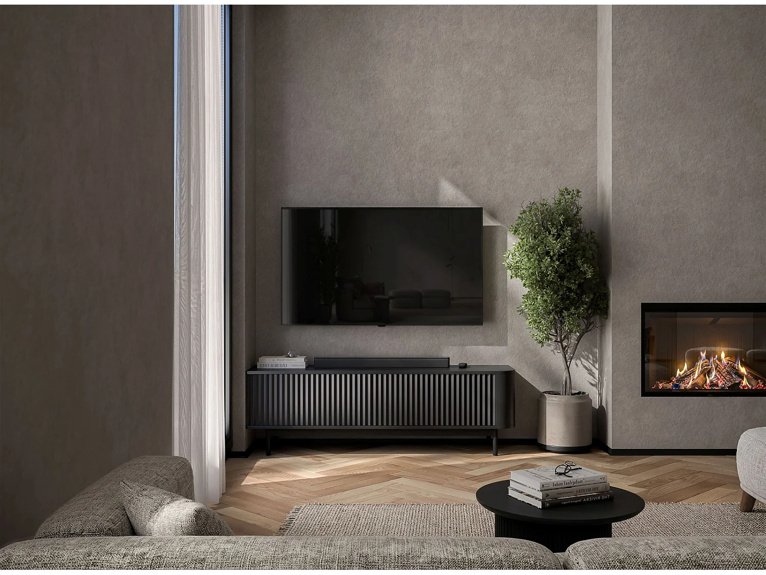 Mobile TV con 2 ante, frontali in rilievo, nero opaco, piedini in metallo nero, 140 cm - AURORA
