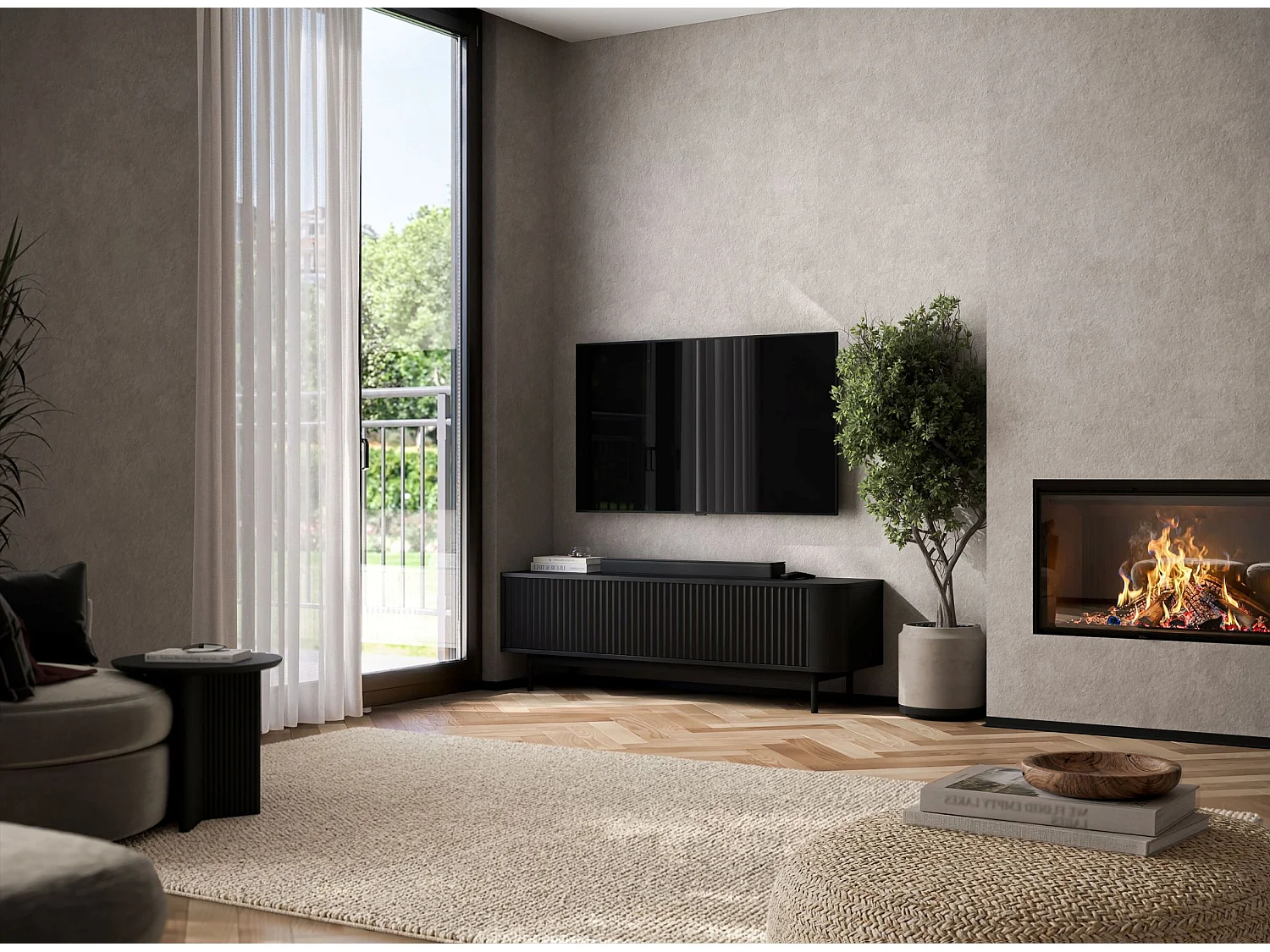 Mobile TV con 2 ante, frontali in rilievo, nero opaco, piedini in metallo nero, 140 cm - AURORA