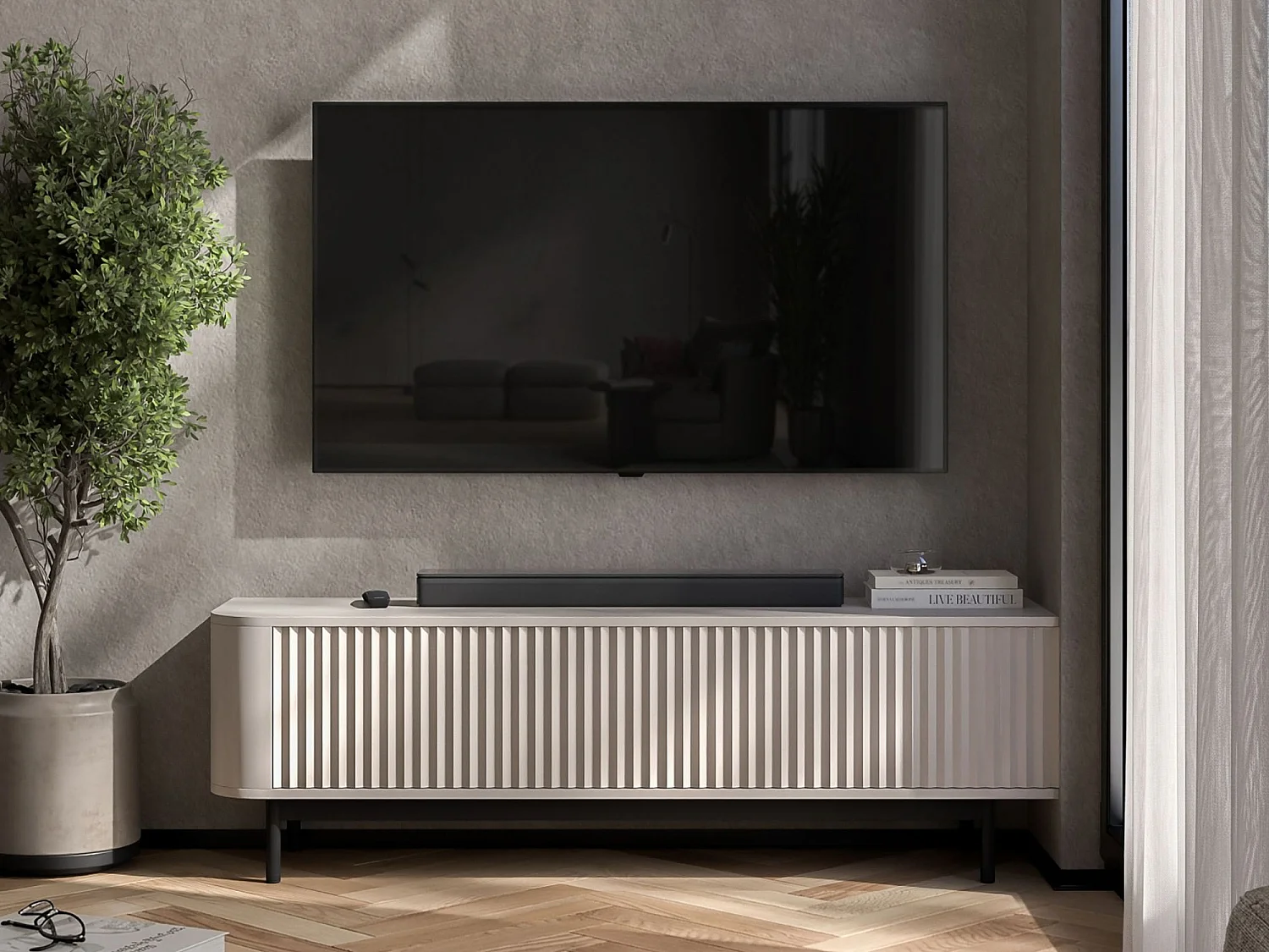 Mobile TV con 2 ante, frontali in rilievo, beige opaco, piedini in metallo nero, 140 cm - AURORA