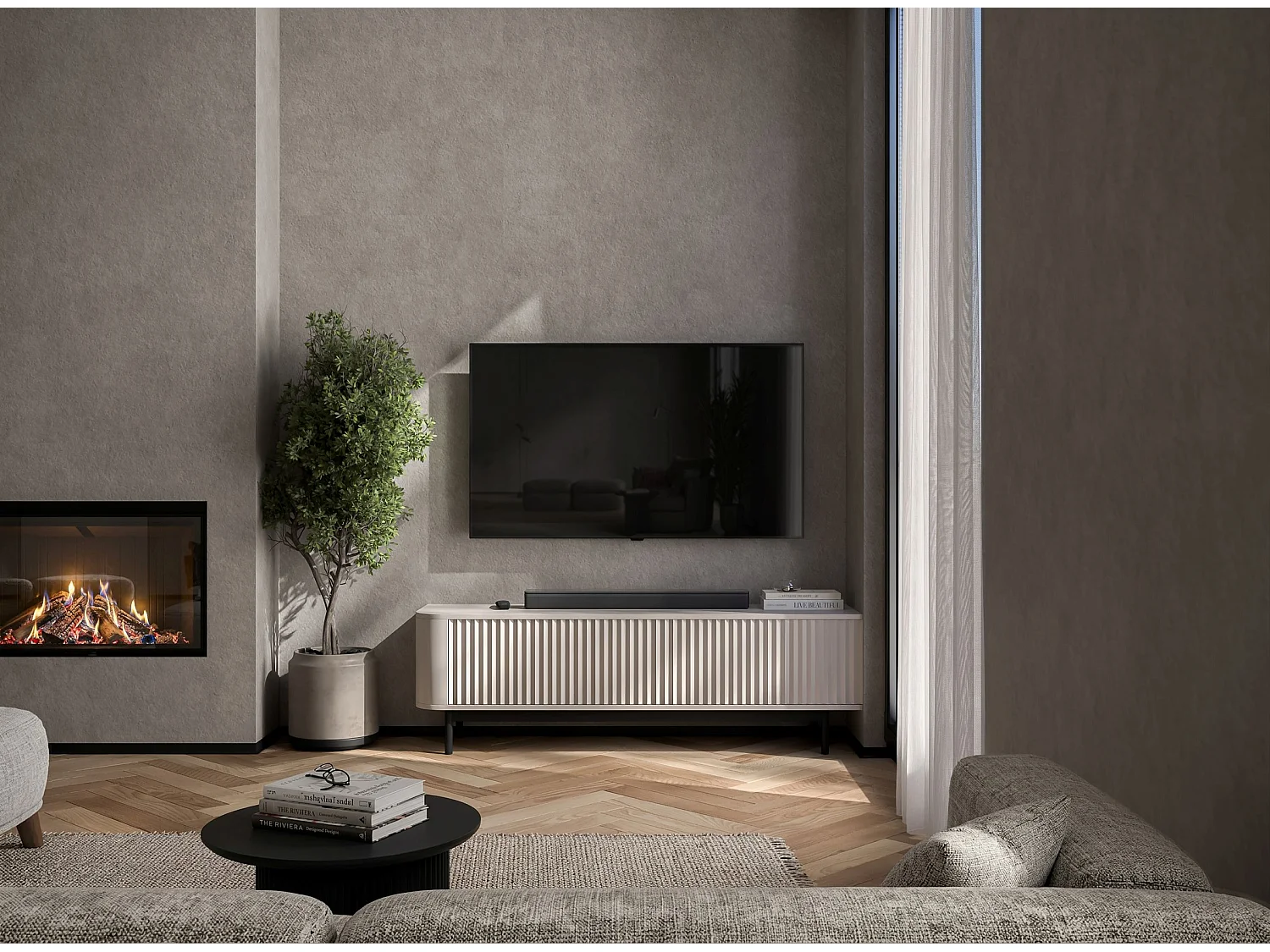 Mobile TV con 2 ante, frontali in rilievo, beige opaco, piedini in metallo nero, 140 cm - AURORA