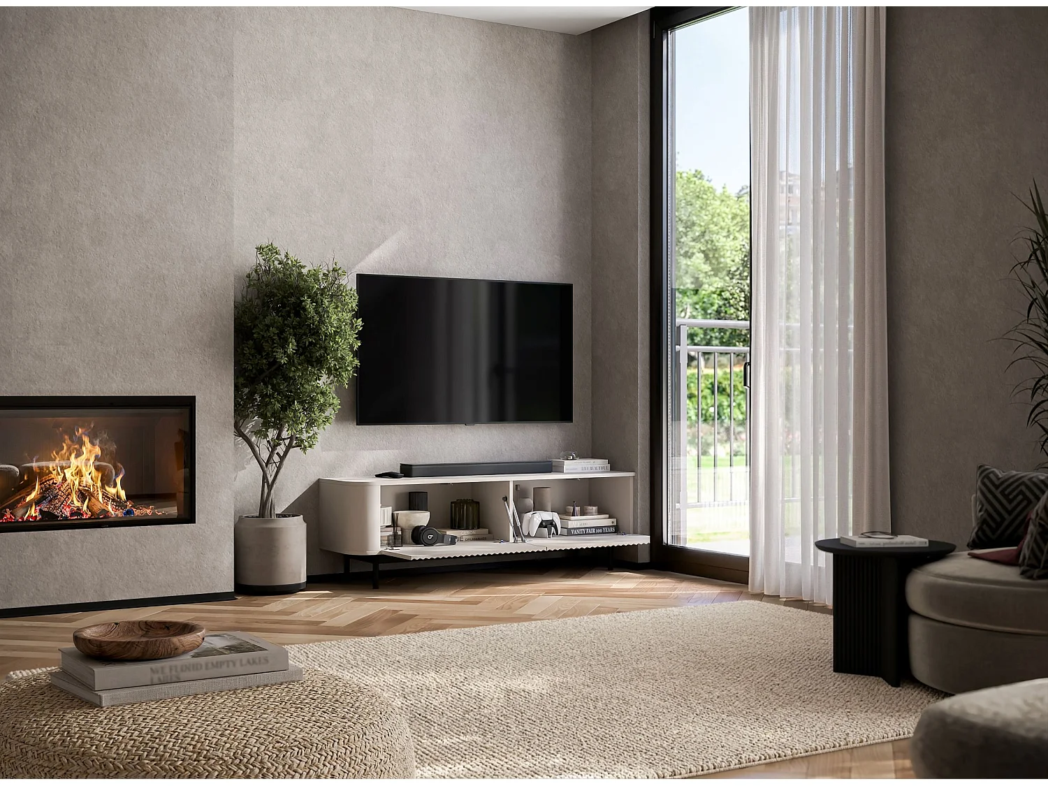 Mobile TV con 2 ante, frontali in rilievo, beige opaco, piedini in metallo nero, 140 cm - AURORA