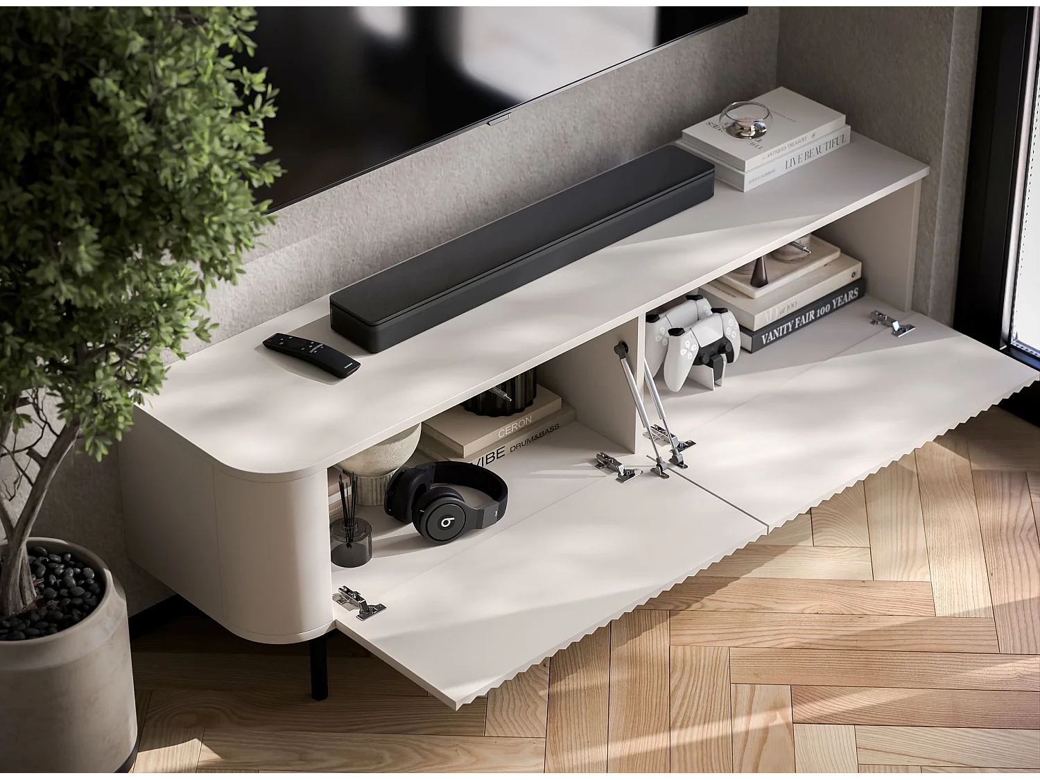 Mobile TV con 2 ante, frontali in rilievo, beige opaco, piedini in metallo nero, 140 cm - AURORA
