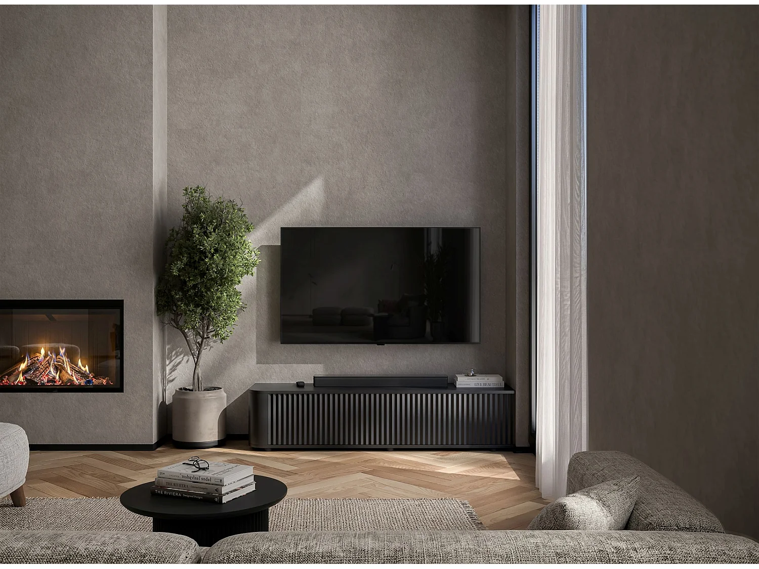 Mobile TV con 2 ante, frontali in rilievo, nero opaco, 140 cm - AURORA